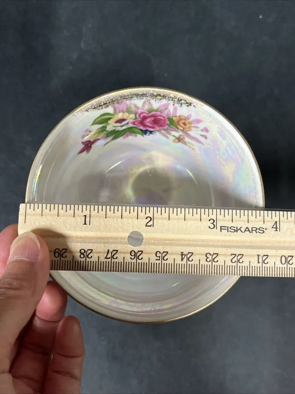 VTG L M Royal Halsey Very Fine Teacup & Saucer Floral Pink Green Gold Iridescent